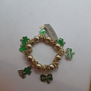 Studio S Goldtone and Green Clover Irish Charm Bracelet About 6" Saint patrick